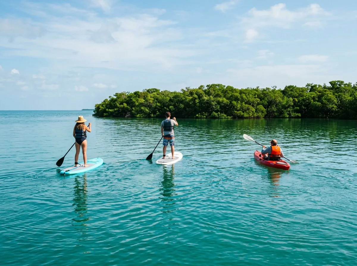 Paddleboard and kayak paddlers crossing Biscayne Bay