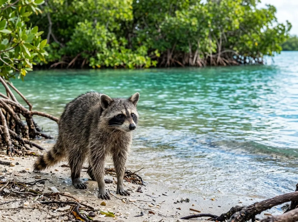 A wild raccoon at the shoreline on Raccoon Island