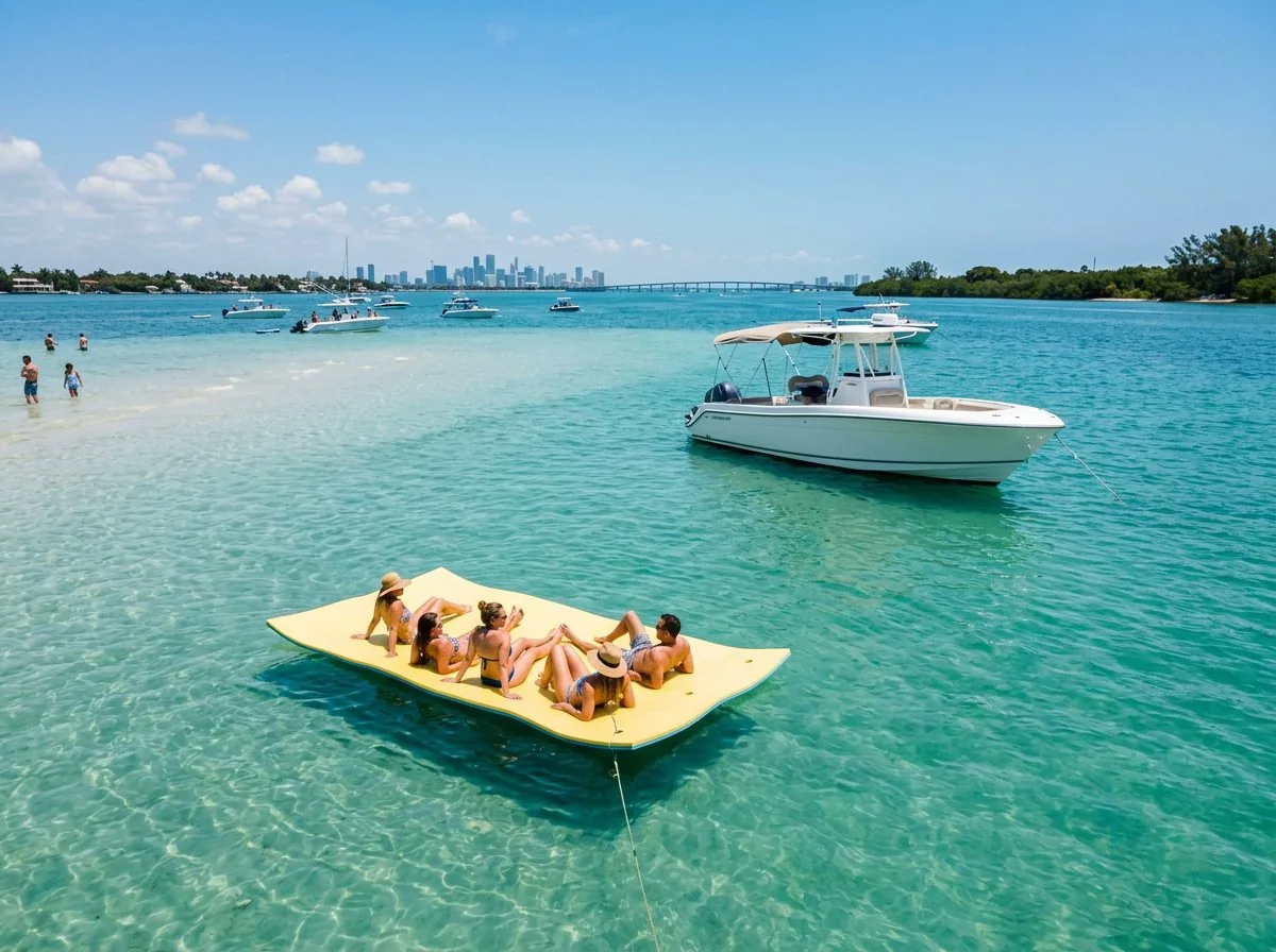 Floating mat stop in calm Biscayne Bay water